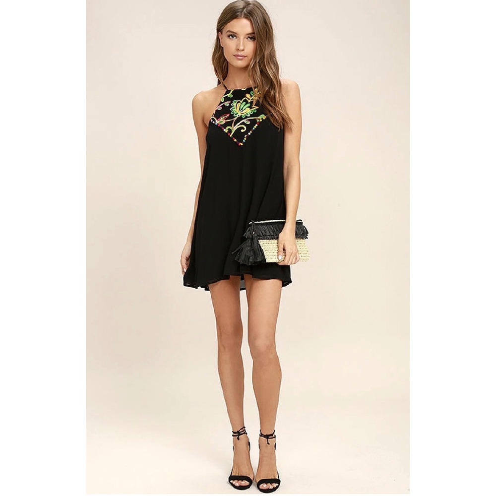 Lulus Piece of Caicos Black Embroidered Shift Halter Dress Women S Pom-Pom Trim